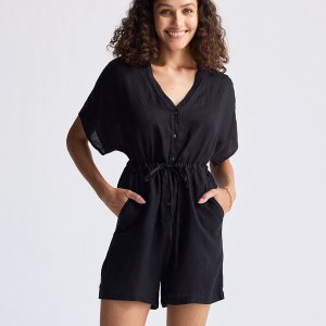 V neck Drawstring Jumpsuit in schwarz
