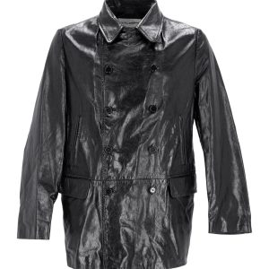 Dolce & Gabbana doppelreisiger Mantel aus schwarzem Leder 7748704895036