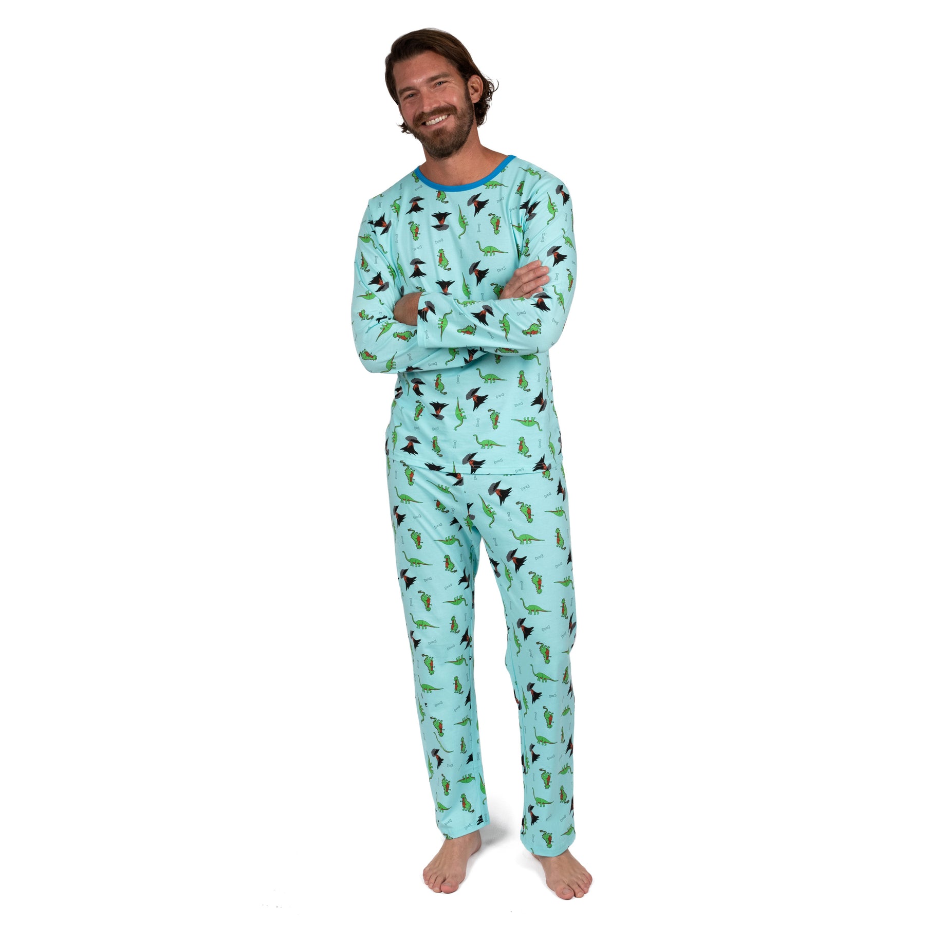 Herren zwei Stück Baumwolle lockere Passform Pyjamas Dinosaurier blau