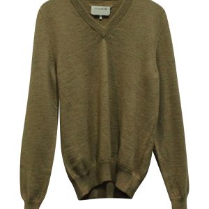 Maison Margiela V-Ausschnitt Sweatshirt mit Ellbogenpatch aus brauner Wolle 7766537601084