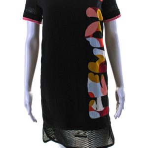 Fendi Damen schwarz bedruckt Rundhalsausschnitt Reißverschluss hinten kurzer Ärmel a-line Kleid – 7833594101820