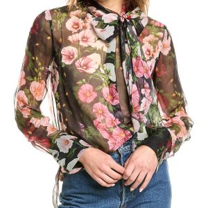 Oscar de la Renta Hollyhocks Seide Chiffon Bluse 7766659825724