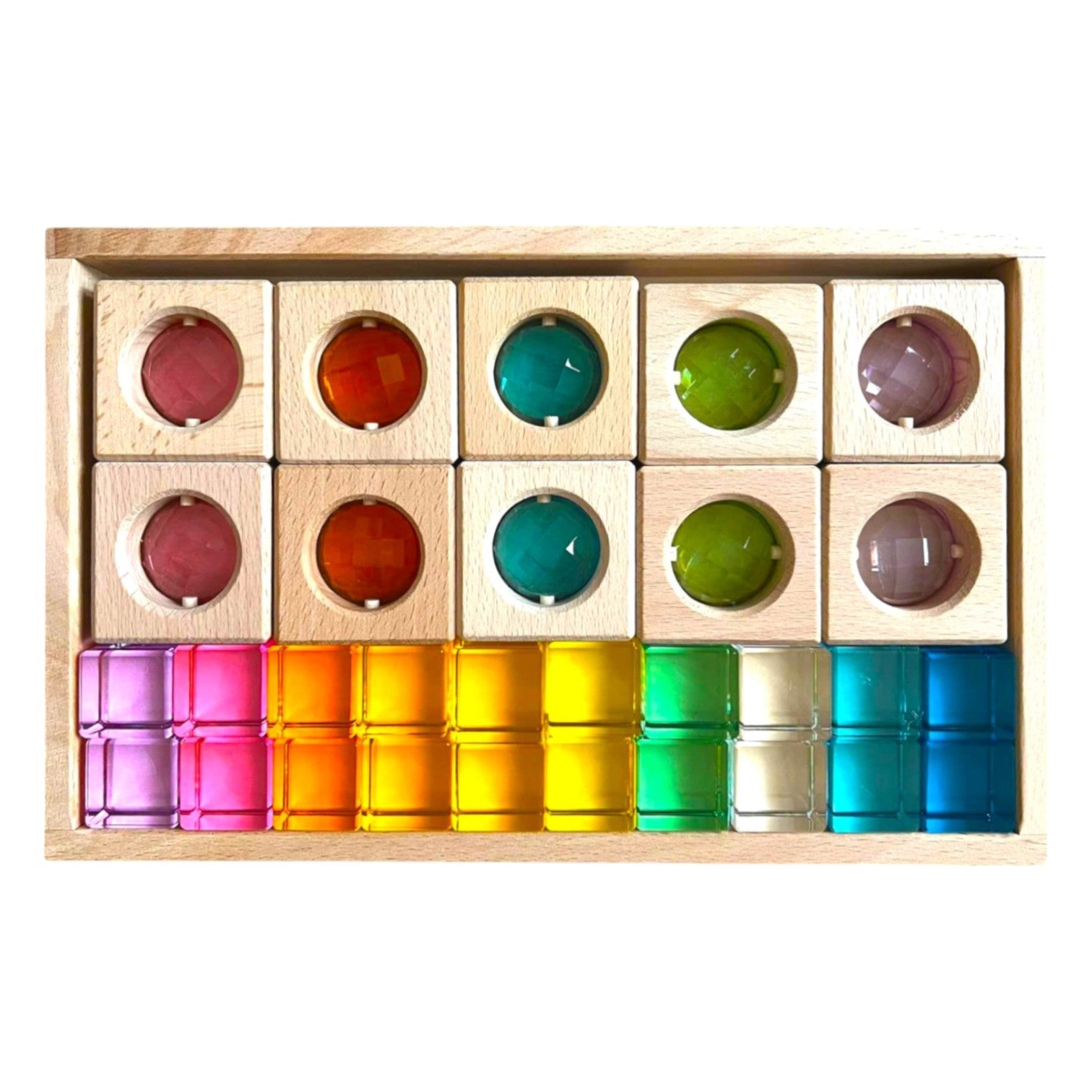 10 Stück quadratische, mit Edelsteinen verzierte, durchscheinende Blöcke und 20 Stück Lucite-Würfel im Set in Pastellfarben mit Ablagefach