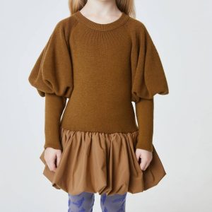 Kinder stricken Puffer Pullover Kleid in braun