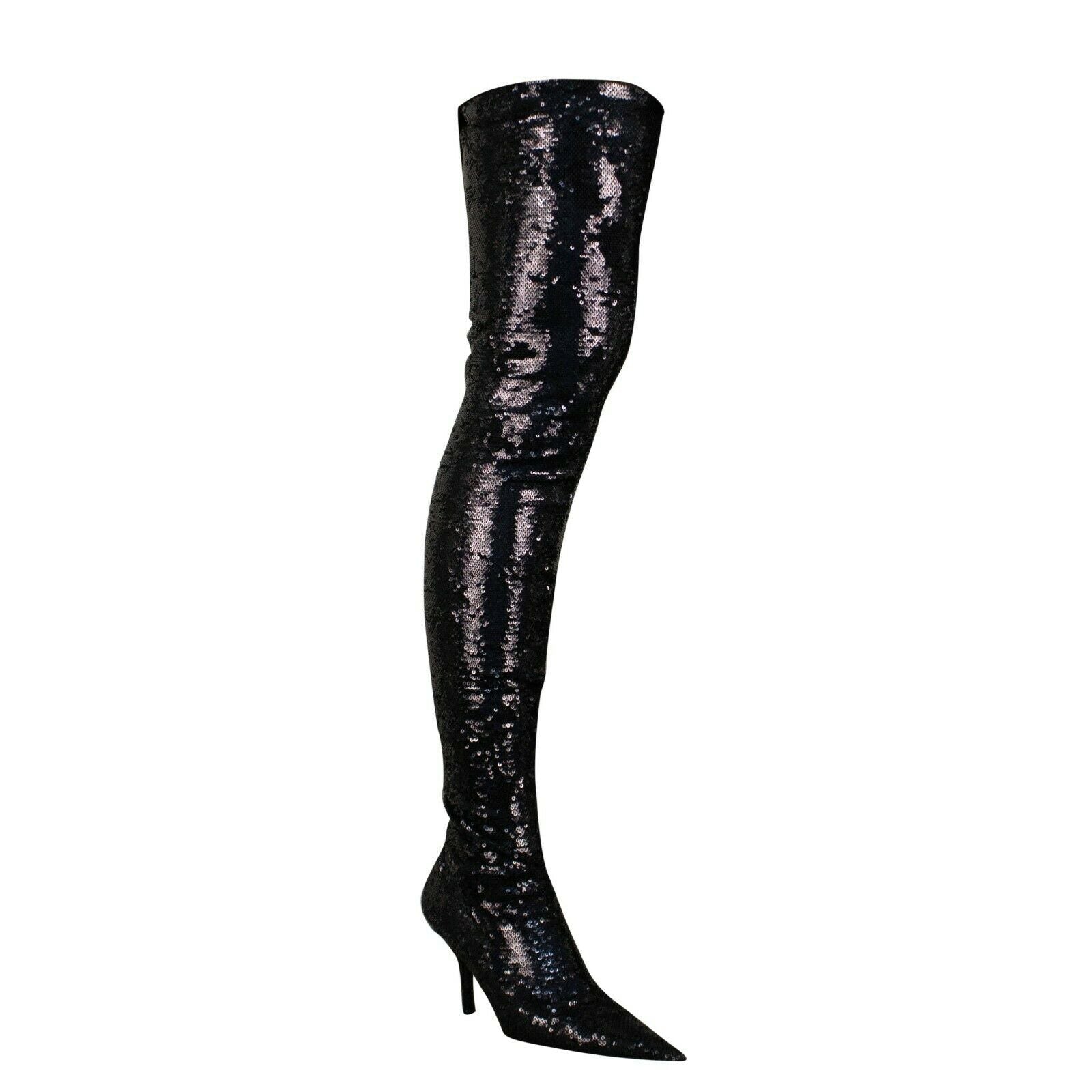Balenciaga Damen-Stiefel mit metallischem Pailletten-Oberschenkel und hohem Absatz – Schwarz