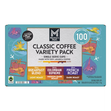 Member’s Mark Classic Kaffee-Vielfalt-Packung, 100 einzelne Portion Tassen, hell bis dunkel gebraten, Frühstücksmischung, kolumbianische supremo, französischer Braten