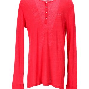 Balmain Half-Button Langarm-T-Shirt aus rotem Leinen 7748754931772