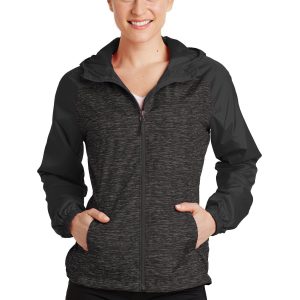 Sport-Tek Heather Colorblock Raglan-Windjacke mit Kapuze für Damen