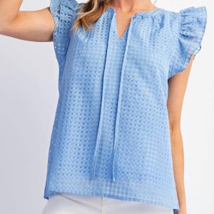 Wing Sleeve Square Pattern Top in blau 7803886010428