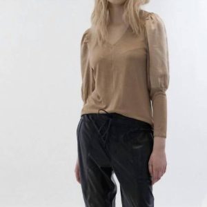 Langarm V-Ausschnitt Bluse in Gold