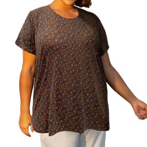 bedruckter Rundhals Kurzarm-Taylor Tunika – plus Größe in Multi-Farbe ditzy mit Blumenmuster