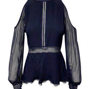 Jonathan Simkhai kalte Schulter Spitze Trimm Bluse in blau Seide 7766525837372