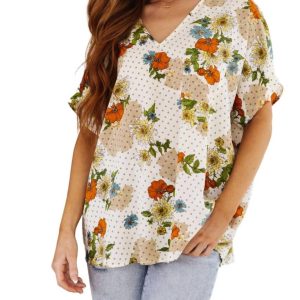 „Good Morning“-Bluse mit Blumenmuster und V-Ausschnitt in Weiß
