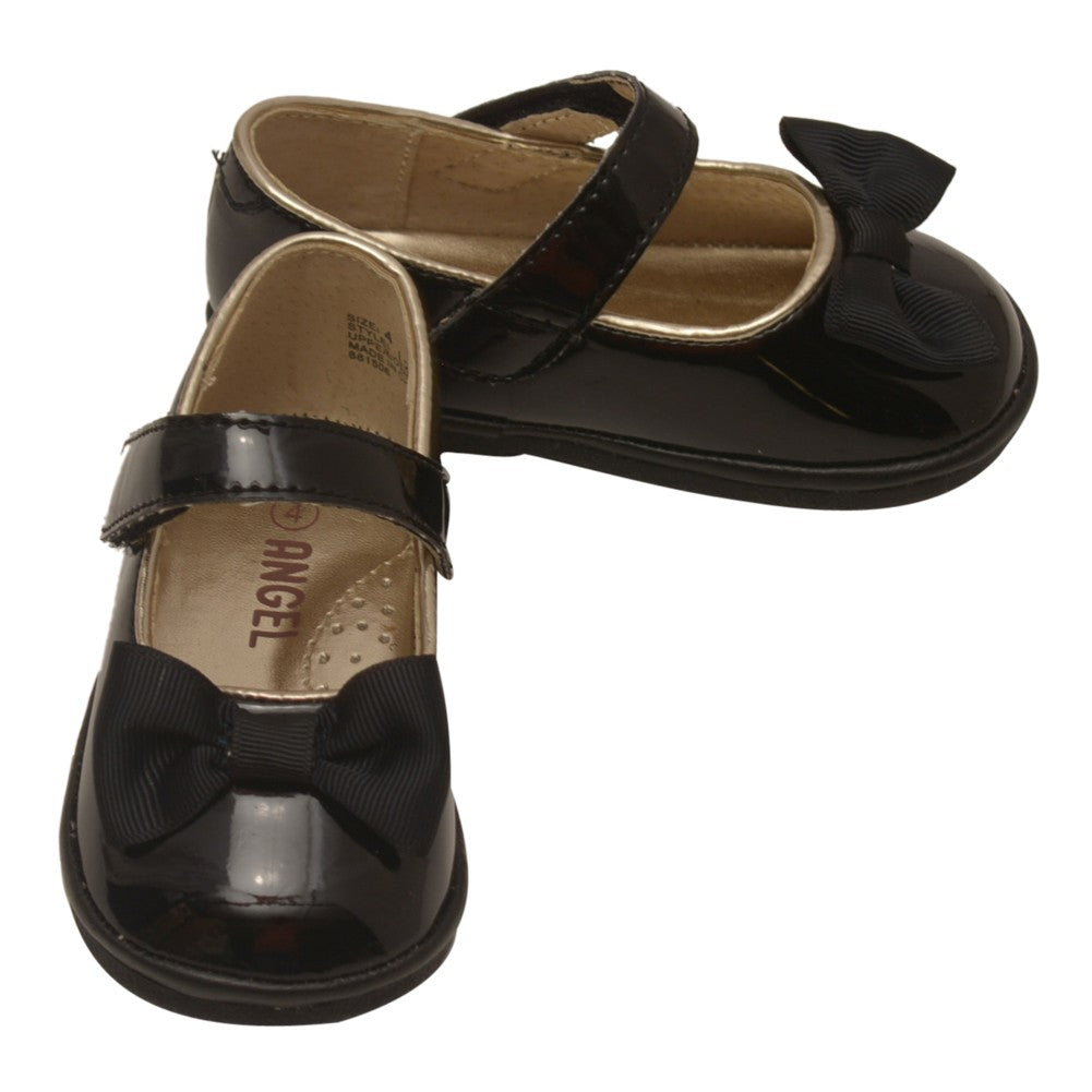 kleine Mädchen schwarz Patent Grosgrain Schleifendetail Mary Jane Schuhe 5-7 Kleinkind