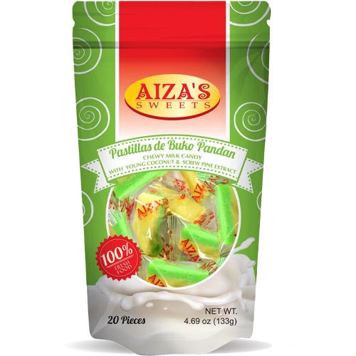 Aiza’s Sweets – Pastillas de Buko Pandan – weich und kaubar Milchbonbons mit junger Kokosnuss und Zirbenextrakt – 20 Stück – 133 g
