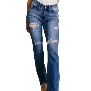 Destroyed Straight Jeans im dunklen Waschen – 7706227245116