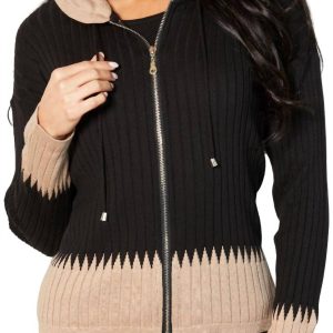 Zip Kapuzenpullover gerippte Strickjacke in schwarz/sand