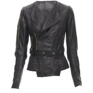 BALENCIAGA 2009 schwarz Lammfell Leder asymmetrisch Kragen Biker Jacke 7705713934396