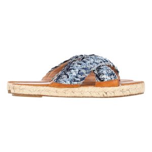 rote (v) valentino Leder getrimmt beklemmte geflochtene Espadrille Rutschen in blau Denim 7748735074364