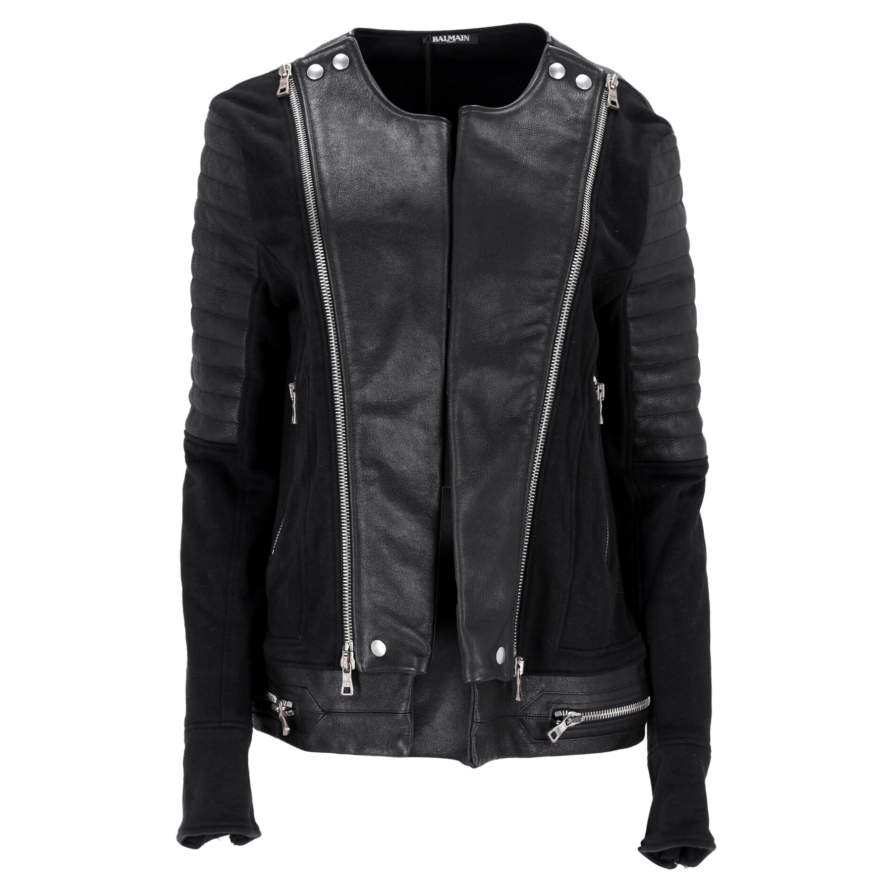 Balmain Collarless Sweatshirt Biker Jacke aus schwarzem Leder und Baumwolle 7748676747324