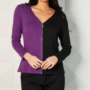 Color Block V-Ausschnitt Strickjacke in schwarz/violett