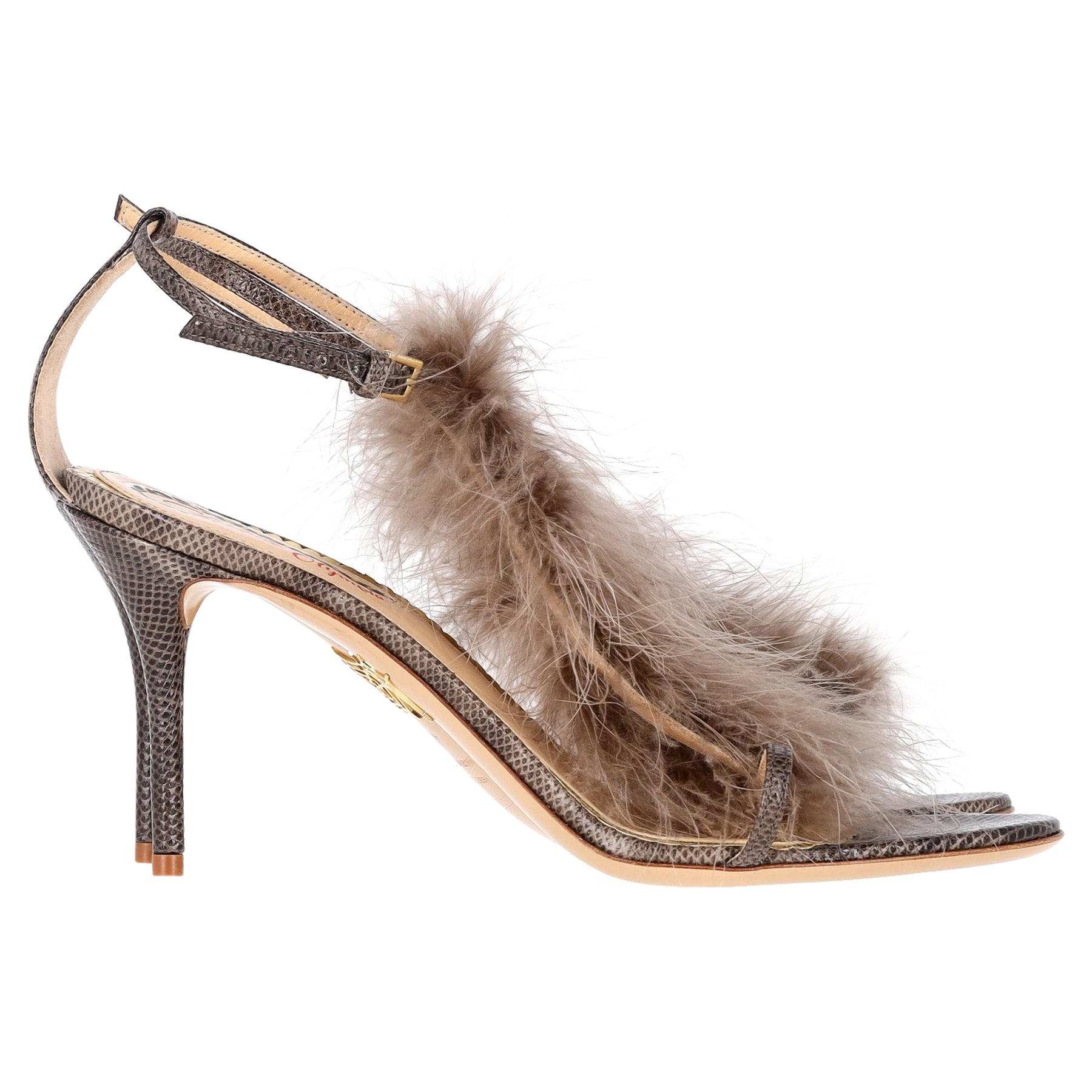 Charlotte Olympia Karung Sandalen mit Kunstfellbesatz und Animal-Print aus braunem Leder