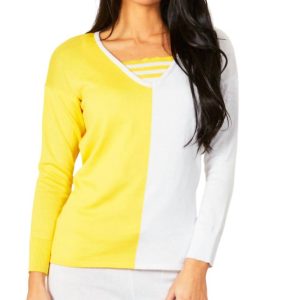 Two-Tone Stripe Detail Top in Zitrone/Weiß