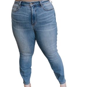 hohe Taille Kontrolle Top Schild Tasche Skinny Jeans in mittlerer Waschung – 7706109083708
