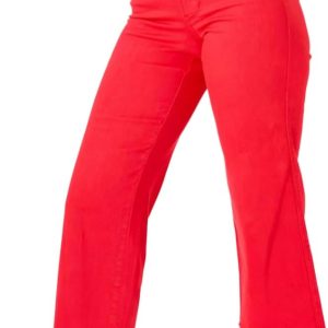 hohe Taille Kontrolle Top breite Bein crop Jeans in rot – 7707831435324