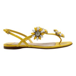 Miu Miu – flache Ledersandalen mit Verzierungen in Gelb – 7703708106812