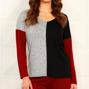 Color Block Open V-Ausschnitt Top in schwarz/wein