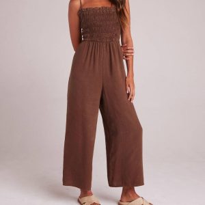 Wide Leg Smocked Rüschen Overall in botanischem Braun 7827135070268