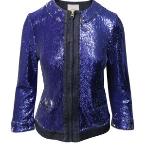 Pinko Tag – Jacke aus blauem Denim mit Paillettenverzierungen – 7766563651644