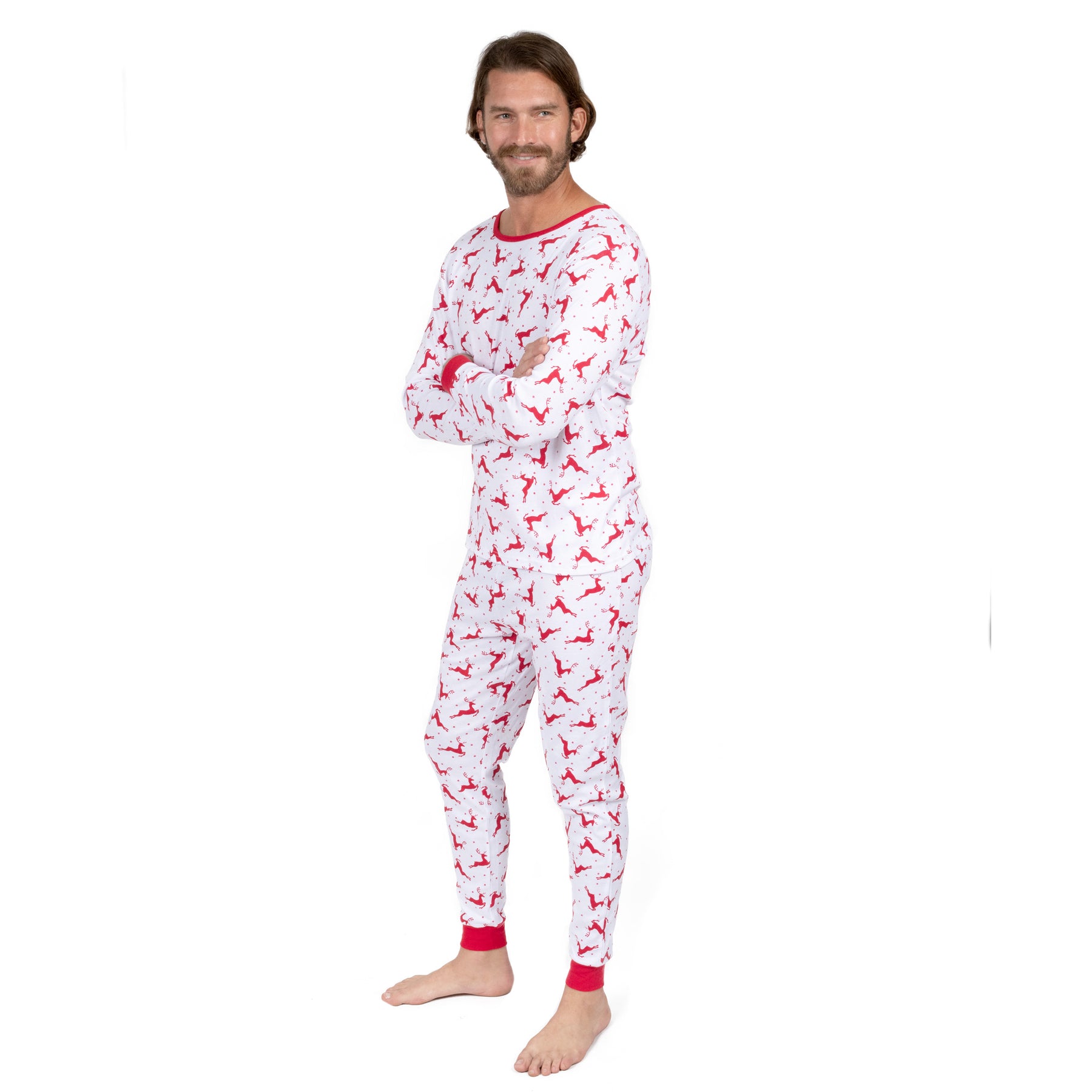 Christmas Herren zwei Stück Baumwolle Pyjama Rentiere rot und weiß