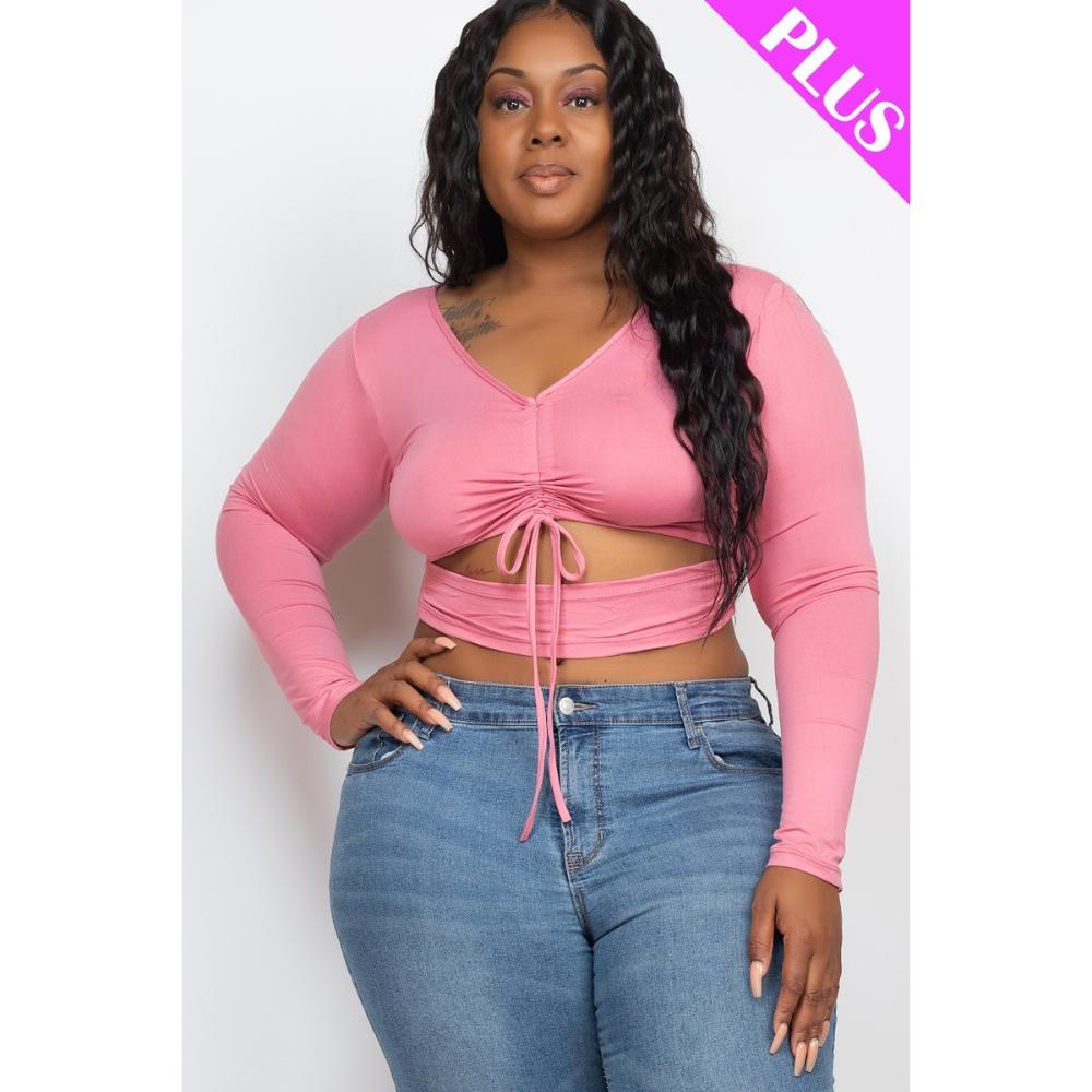 Plus Size Drawstring geraffte cutout crop top 7805700112444
