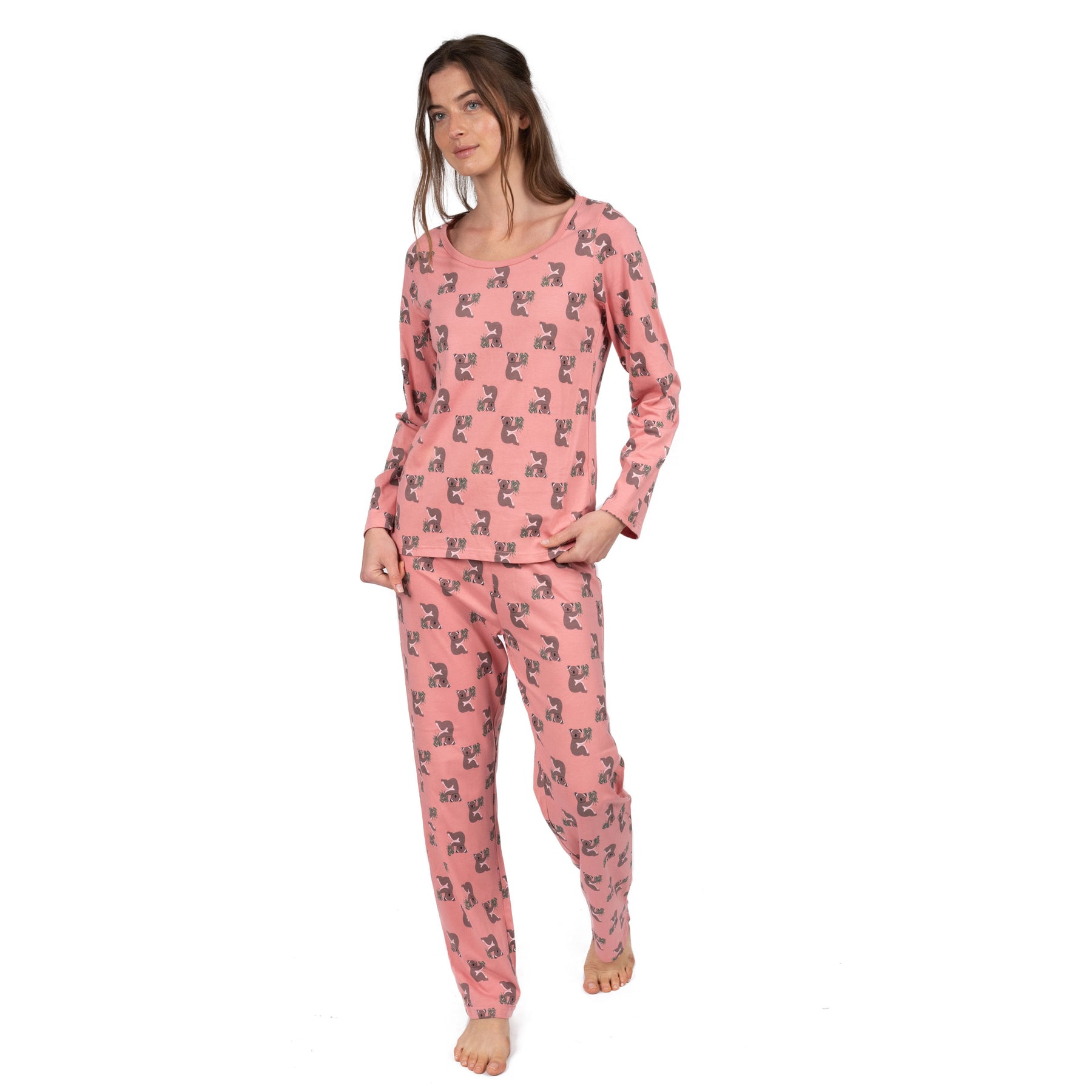 Damen zwei Stück Baumwolle lose Passform Pyjamas koala rosa
