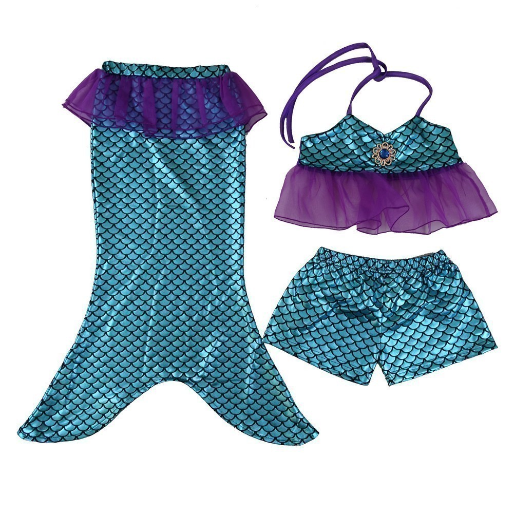 3-teiliges Badeset für kleine Mädchen, blau, Meerjungfrauenschwanz-Oberteil, Shorts, 2T-7