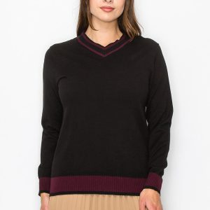 Schwarzer Strickpullover mit Burgunder Trimm – 7833684639804