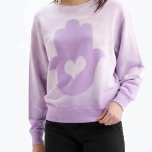 Große Hamsa Herz Rundhals-Sweatshirt in sonnenverzierte Orchidee 7668113768508