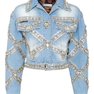 Cropped Oversize Denim Jacke Broschen