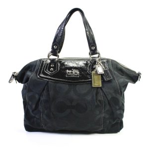 Coach Damen-Schulterhandtasche aus schwarzem Canvas mit Reißverschluss und Lederbesatz am oberen Griff