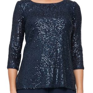 Paillettenbluse mit 3/4-Ärmeln und seitlichem Schlitzdetail in Marineblau