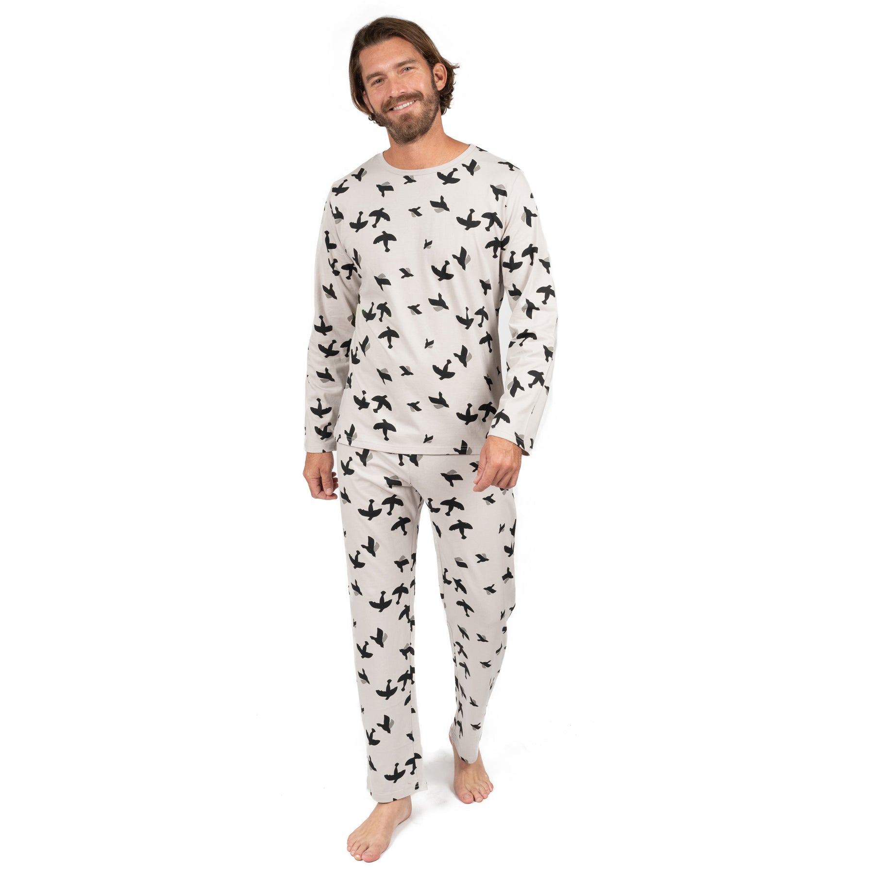 Herren zwei Stück Baumwolle lose Passform Pyjamas Vogel grau