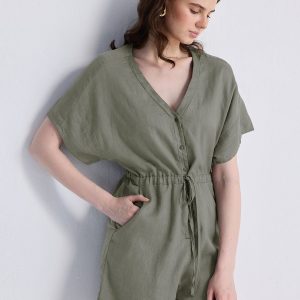 V neck Drawstring Jumpsuit in dunkelgrün
