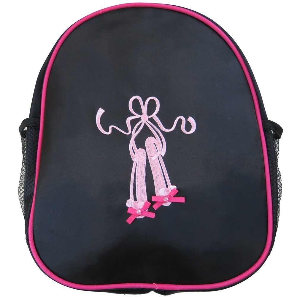 Stilvoller Rucksack für Mädchen mit Ballettschuhen, Netzstoff und Seitentaschen in Schwarz und Rosa