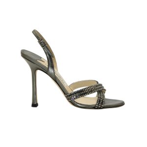 Jimmy Choo – Ledersandalen mit Kristallverzierungen und überkreuzten Riemen in „Silver Gunmetal“ – 7703705845820