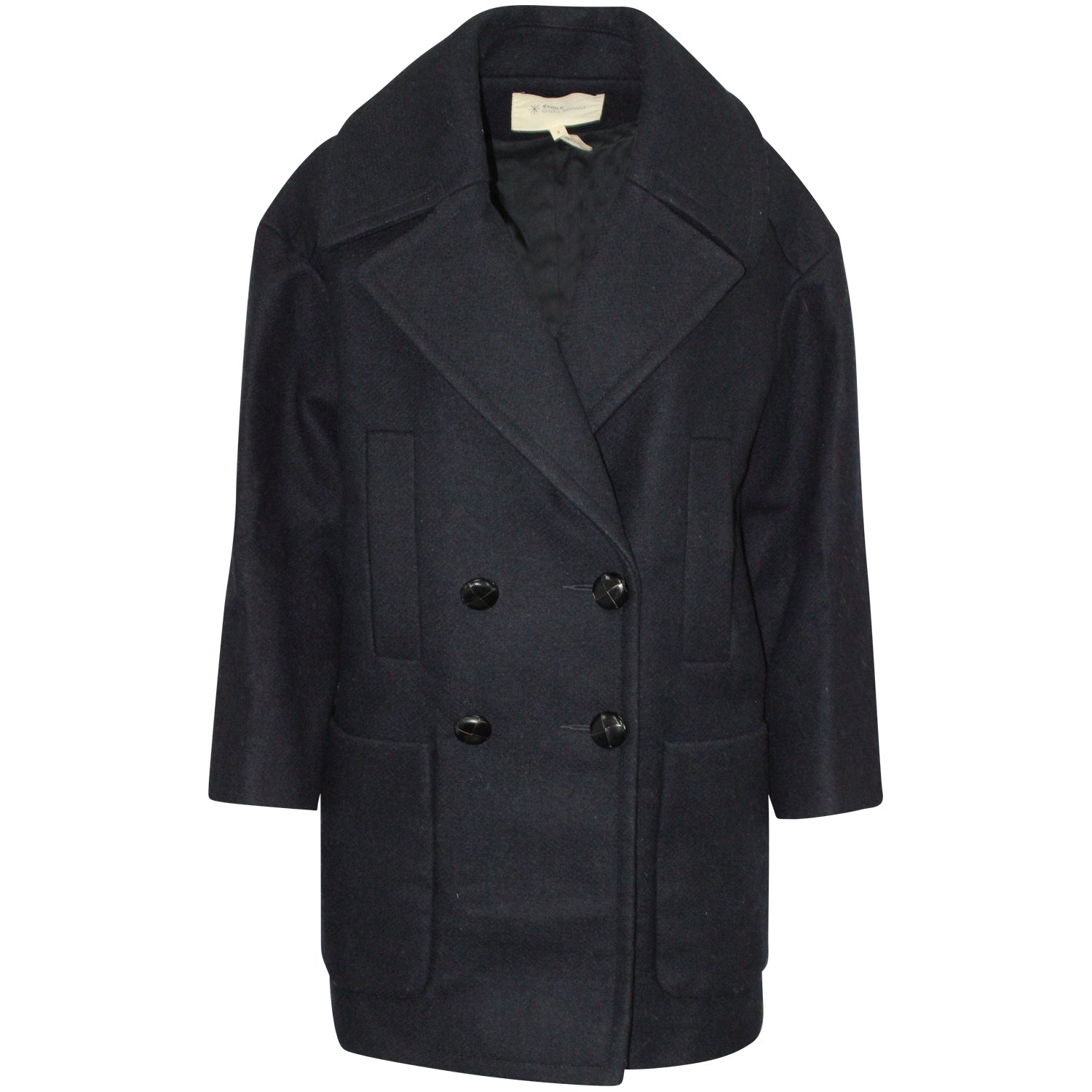 Isabel Marant Etoile Multi-Pocket doppelreisiger Mantel aus schwarzer Laine Wolle 7765024440380