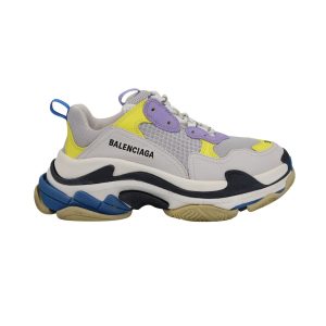 Balenciaga Triple S Sneakers aus weißem, lila und gelbem Strick und Leder – 7707792015420