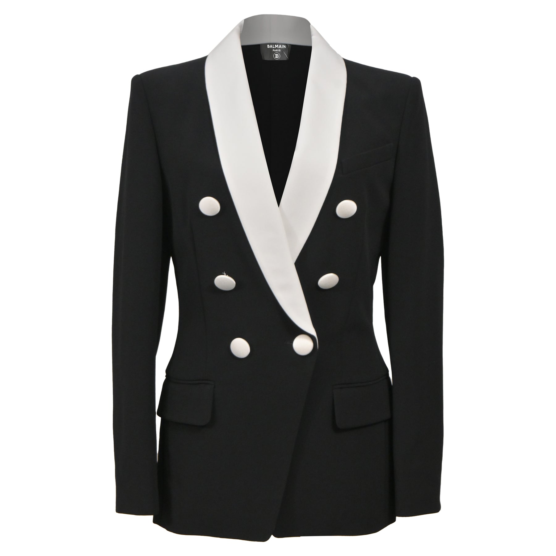 Balmain Doppelbrust Schal Kragen Blazer in schwarz und weiß Wolle Viskose – 7833699811388