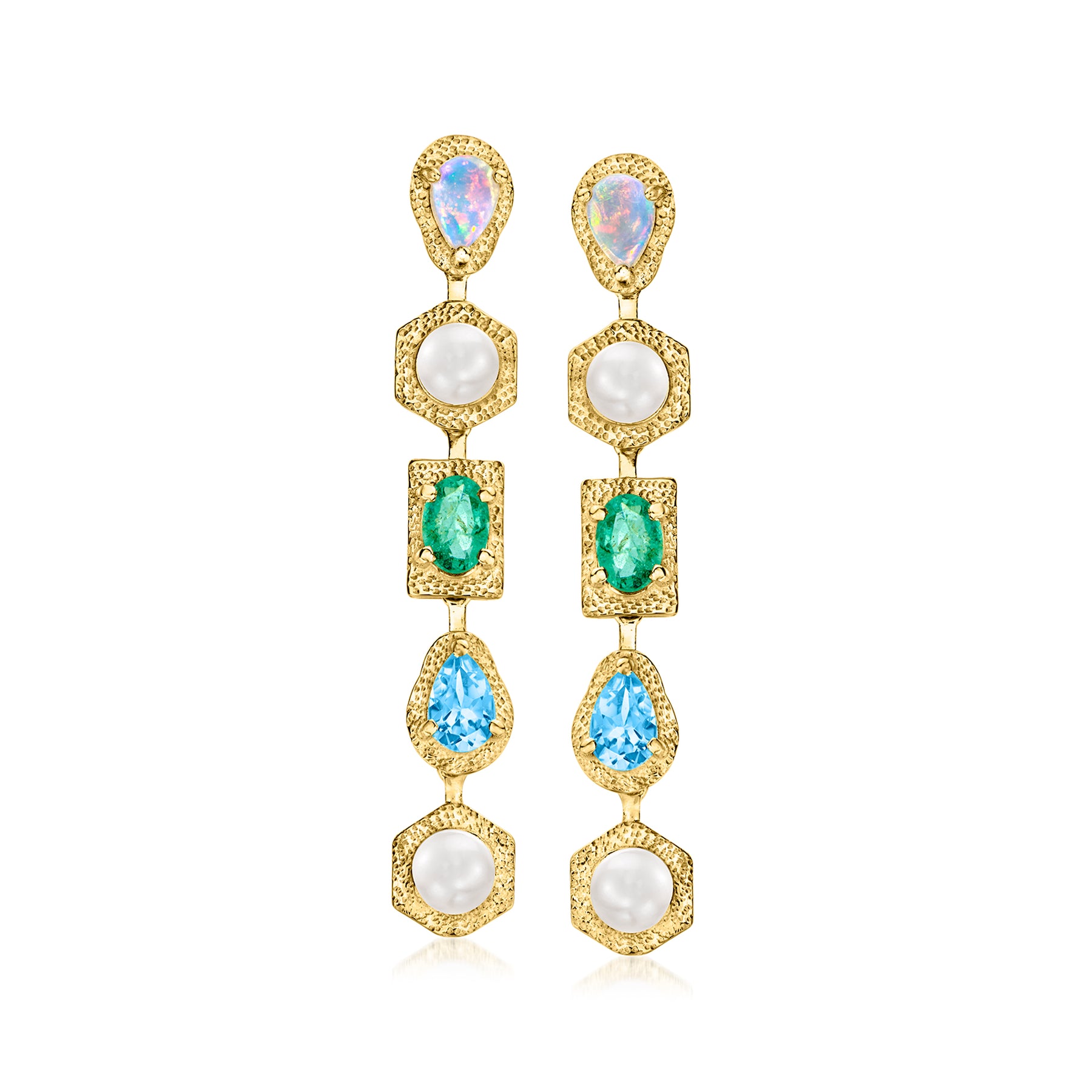 Ross-Simons Tropfenohrringe aus Opal und 4,5–5 mm Zuchtperle mit Schweizer Blautopas und . Smaragd aus 18-karätigem Gold über Sterling
